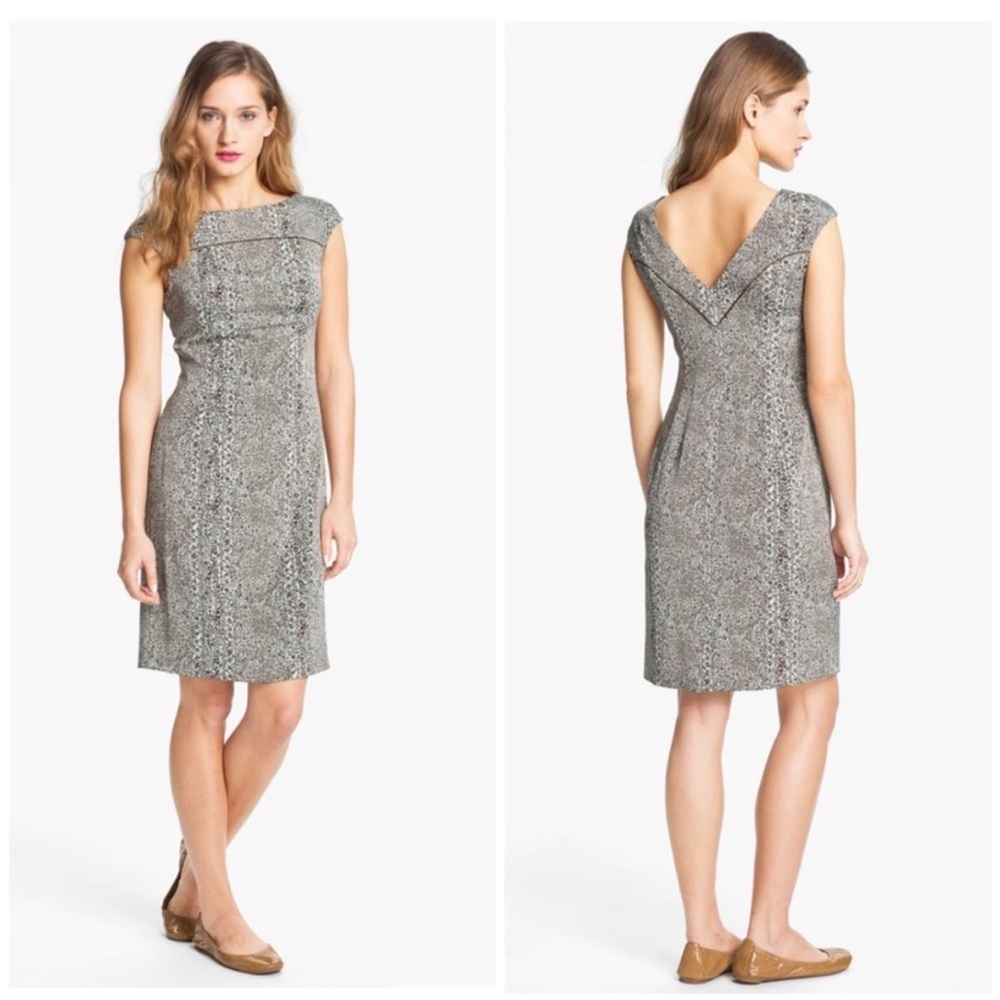Tory Burch Carter Print Sheath Career Dress Brown Blue V-Back 52121413 Size 8